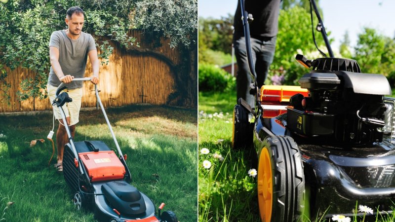 A man pushing an electric lawn mower (left) and a gas lawn mower (right).