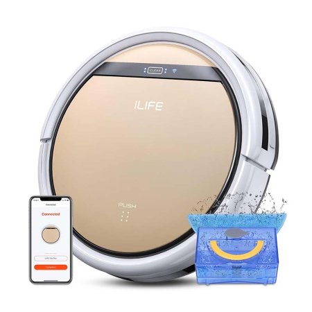  White Robotic Vacuum and Mop on white background next to phone displaying app