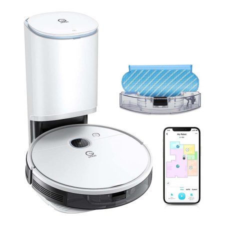  White Robot Vacuum and Mop station with accessories next to smartphone on white background