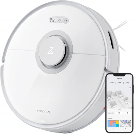  Roborock brand white circular Robot Vacuum and Mop next to smartphone on white background