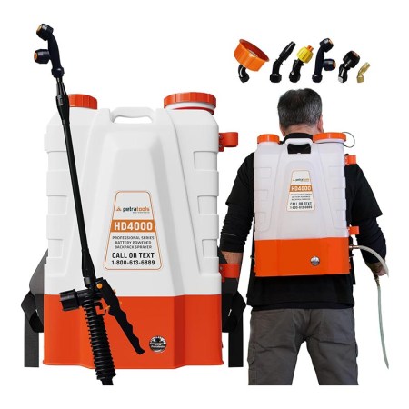 2 PetraTools HD4000 4-Gallon Backpack Sprayers, one on someone's back
