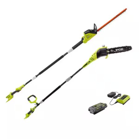  The Ryobi 40V Pole Saw & Hedge Trimmer Combo Kit on a white background.