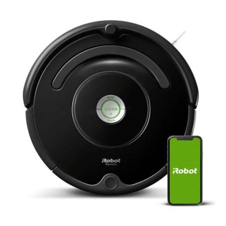  The iRobot Roomba 675 Wi-Fi Connected Robot Vacuum on a white background next to a phone showing the iRobot app.