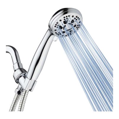 Round 3.5 inch chrome handheld shower head spraying water on white background