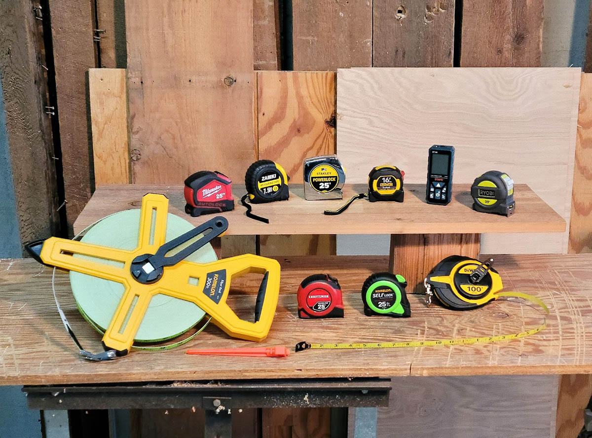 The Best Tape Measures Options laid on a table in close-up