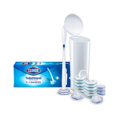  The Clorox ToiletWand Disposable Toilet Cleaning System on a white background next to its packaging and several replacement heads.