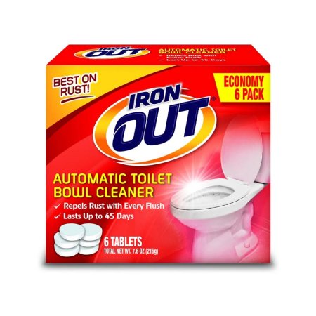  A package of Iron Out Automatic Toilet Bowl Cleaner on a white background.