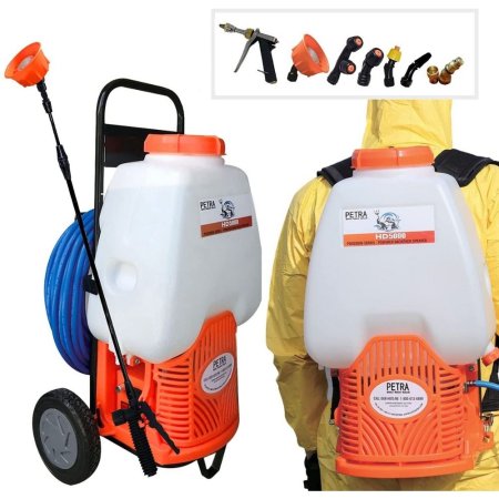  Two Petra Powered Backpack Sprayers, one on a cart and one on someone's back