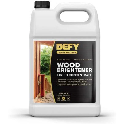 Bottle of DEFY Wood Brightener on a white background