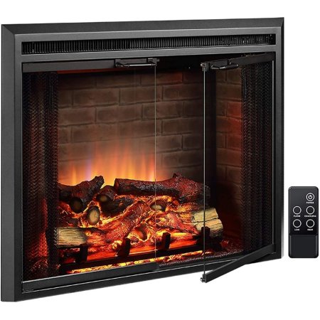  PuraFlame Klaus 33" Electric Fireplace Insert on a white background with a remote