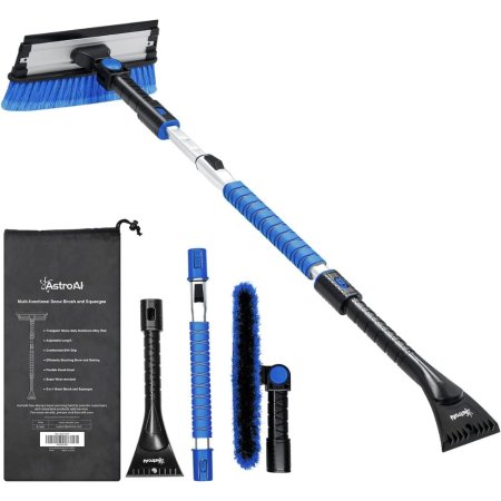  The AstroAI Ice Scraper Extendable Car Snow Brush and its included accessories on a white background.