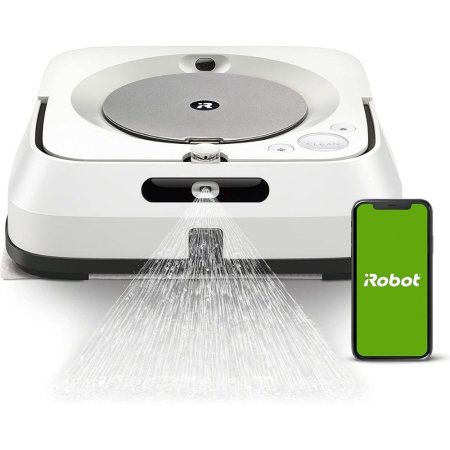  iRobot brand Wi-Fi Connected Braava Jet M6 Robot Mop next to smartphone on white background