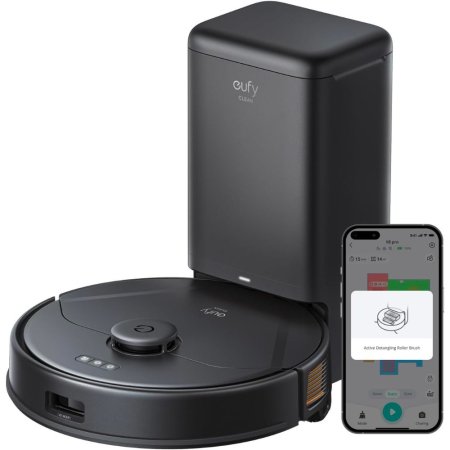  The Eufy Clean X8 Pro Self-Emptying Robot Vacuum on a white background next to a phone showing the Eufy app.