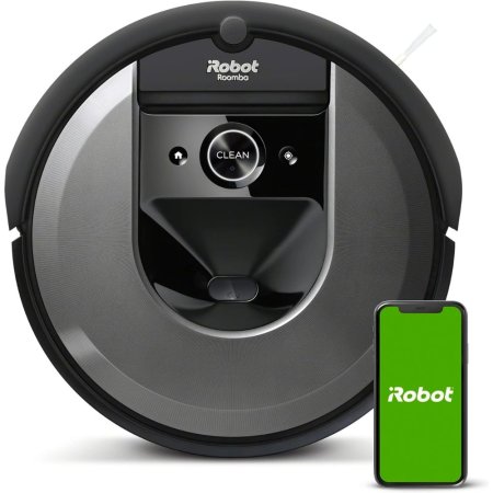  The iRobot Roomba i7 (7150) Smart Mapping Robot Vacuum on a white background next to a phone showing the iRobot app.