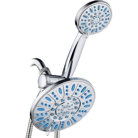  Chrome round shower head and handheld sprayer combo on white background