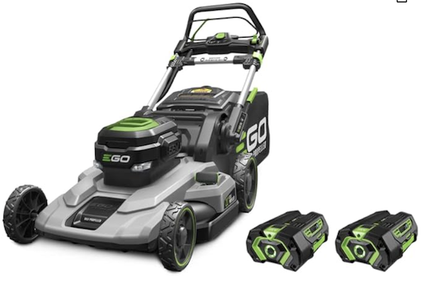 The Ego Power+ 21″ Self-Propelled Lawn Mower in green and black. 