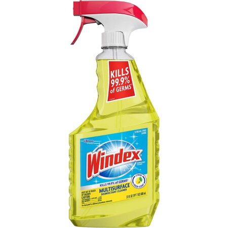  A spray bottle of Windex Multisurface Disinfectant Cleaner on a white background.