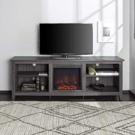  Walker Edison Wren Classic 4 Cubby Fireplace TV Stand in a living room with a rug