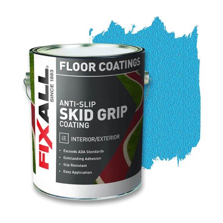  Can of Fixall Skid Grip Anti-Slip Paint in front of blue paint marks