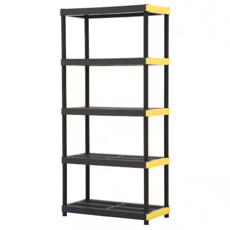  Black and yellow HDX 5-Tier Plastic Garage Storage Shelving Unit on white background