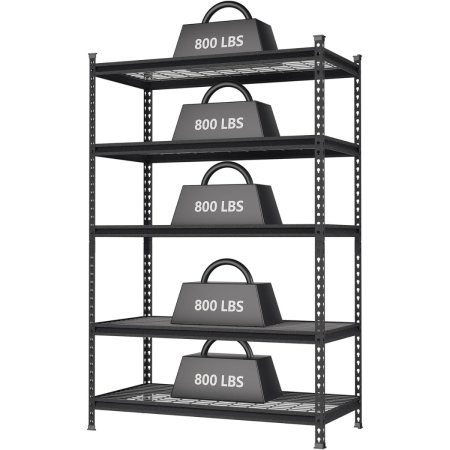  Black WorkPro 5-Tier Metal Storage Shelving Unit with weights on it on white background