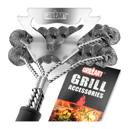  The Grillart Bristle-Free Brush & Scraper and its package on a white background.