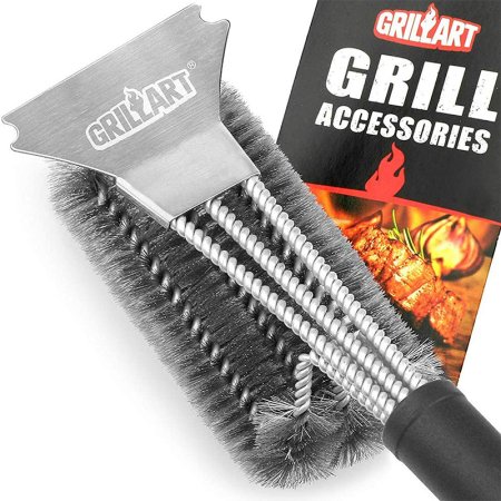  The Grillart Stainless Steel 3-in-1 Grill Brush and its packaging on a white background.