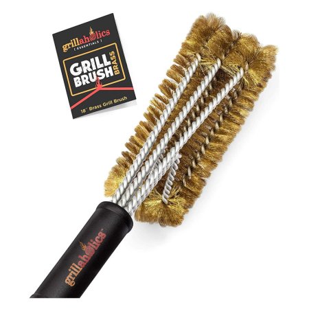  The Grillaholics Essentials Brass Grill Brush and its package on a white background.