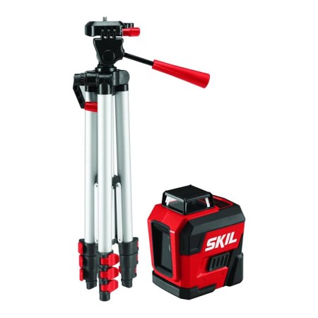  The Skil LL932201 360° Self-Leveling Red Cross-Line Laser next to its tripod on a white background.