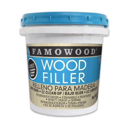  A bucket of FamoWood 40022126 Latex Wood Filler on a white background.