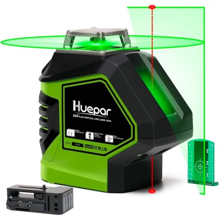  The Huepar 621CG 3D Cross-Line Laser Level with green laser lines around it on a white background.