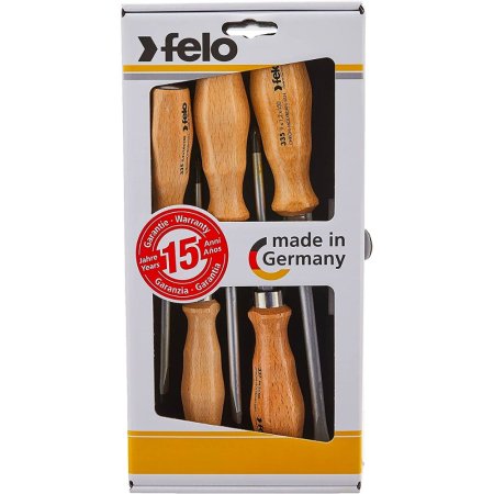  The Felo Tools 5-Piece Wooden Handle Screwdriver Set in its packaging on a white background.