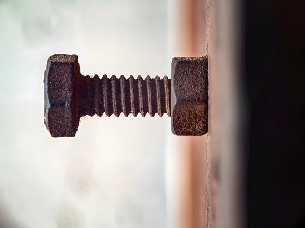 Side view of a rusted bolt and nut.