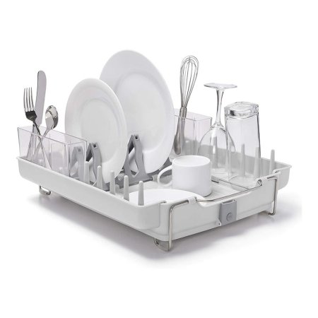  The Oxo Good Grips Foldaway Dish Rack loaded with drying dishes on a white background.