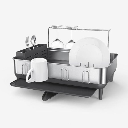  The BSimplehuman Steel Frame Dish Rack loaded with drying dishes on a white background.