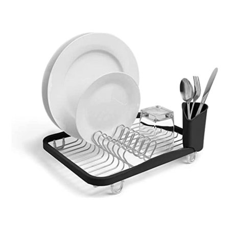  The Umbra Sinkin Dish Rack with a few dishes drying on a white background.