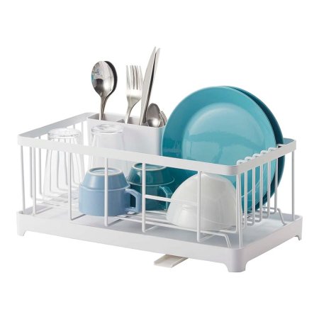  The Yamazaki Home Steel Wire Dish Rack with a few drying dishes on a white background.