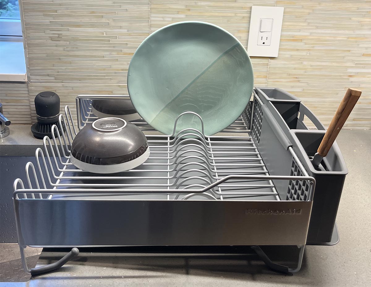 The best dish-drying rack on a kitchen counter loaded with just a few drying dishes.