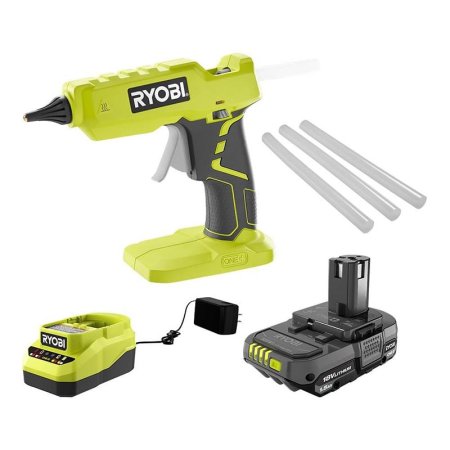  Ryobi P305 18V One+ Hot Glue Gun with battery and charger on a white background