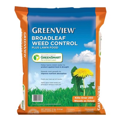 A bag of GreenView Broadleaf Weed Control Plus Lawn Food on a white background.