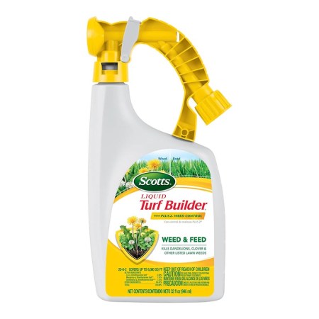  A spray bottle of Scotts Liquid Turf Builder With Plus 2 Weed Control on a white background.