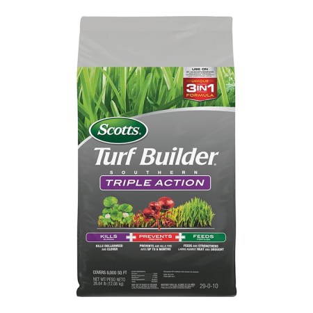  A bag of Scotts Turf Builder Southern Triple Action on a white background.