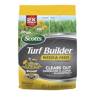 A bag of Scotts Turf Builder Weed and Feed on a white background.
