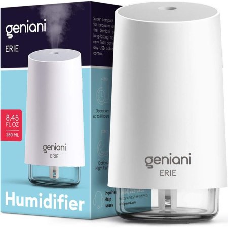  The Geniani Erie Portable Small Cool Mist Humidifier and its box on a white background.