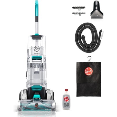 The Hoover SmartWash+ Automatic Carpet Cleaner and its accessories on a white background.