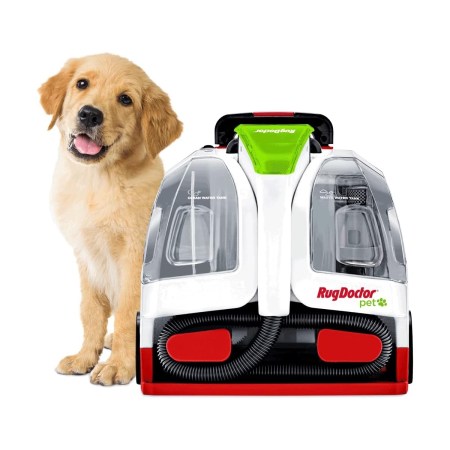  The Rug Doctor Pet Portable Spot Cleaner and a dog on a white background.