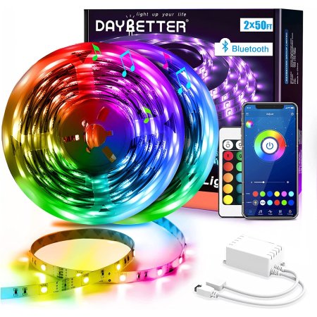  The Daybetter Bluetooth 100-Foot LED Strip Lights next to their box, remote, plug, and a phone showing the Daybetter app.