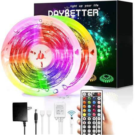  The Daybetter Waterproof IR 32.8-Foot LED Strip Lights next to their box, plug options, and a hand holding the remote.