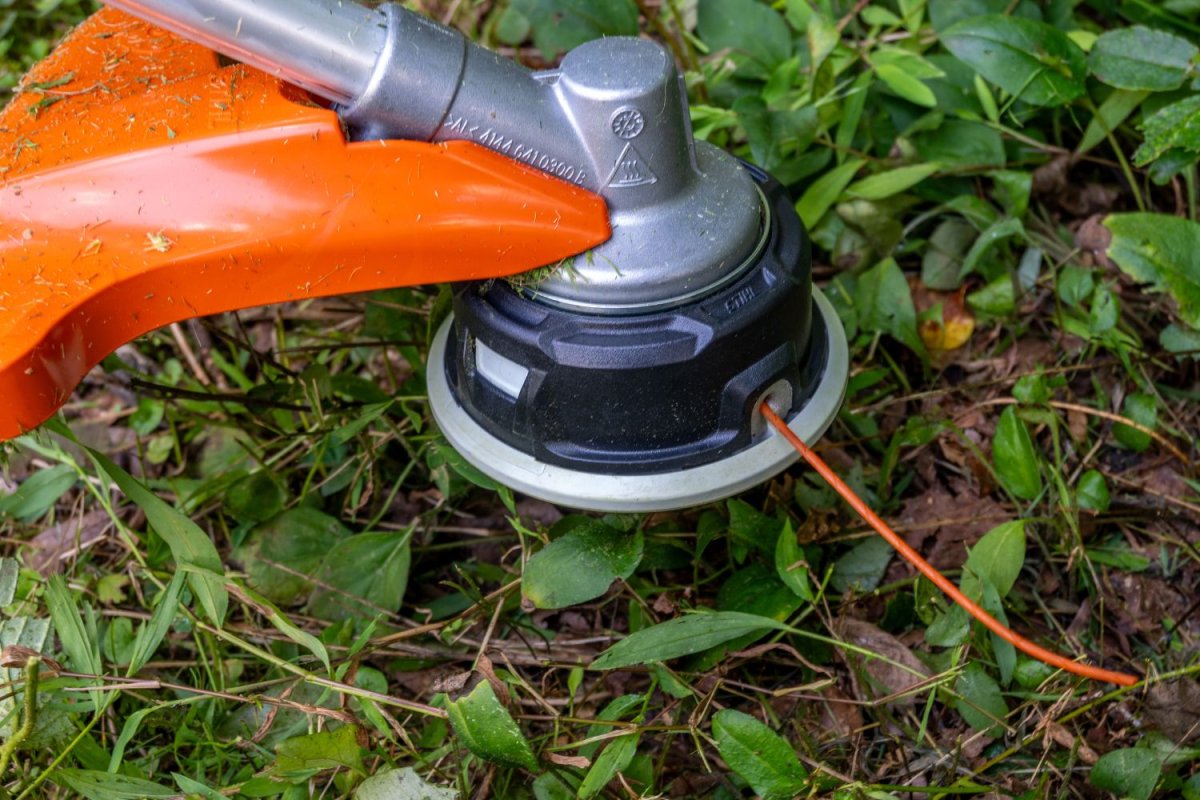 Orange weed eater string on trimmer cutting weeds