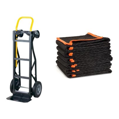 The Harper Trucks 700-lb. Capacity Convertible Hand Truck on a white background with a stack of moving blankets next to it.